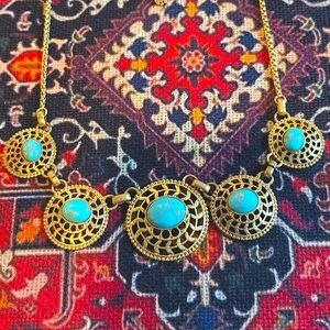 Southwestern Lucky Brand Turquoise Blue Stones Gold Color Necklace